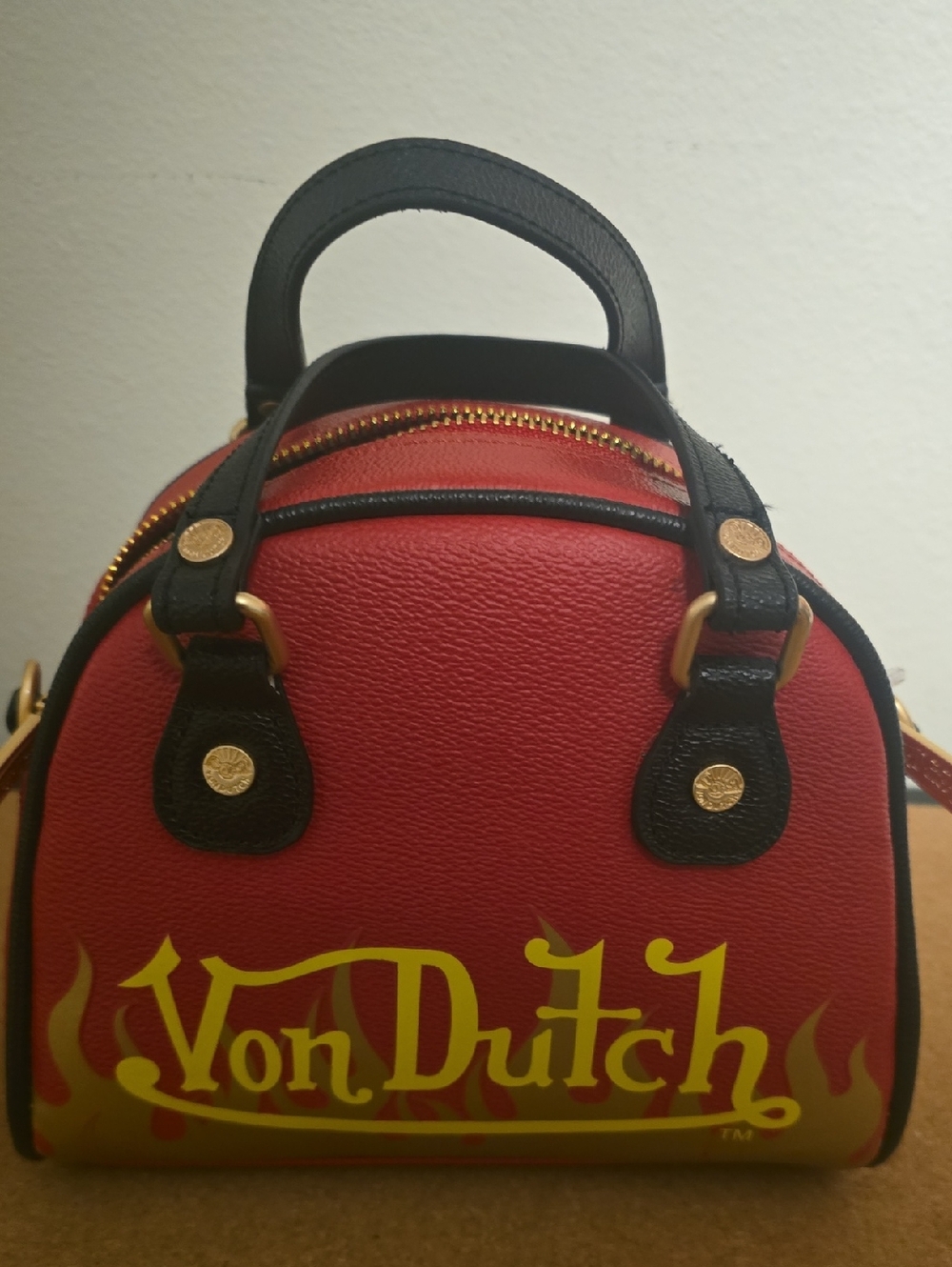Von Dutch Red Dome Satchel with Black Trim and Yellow Logo